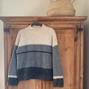 color block mock neck: cream & blue